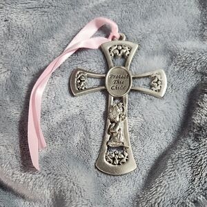 Silver Easter Cross with Pink Ribbon Decor